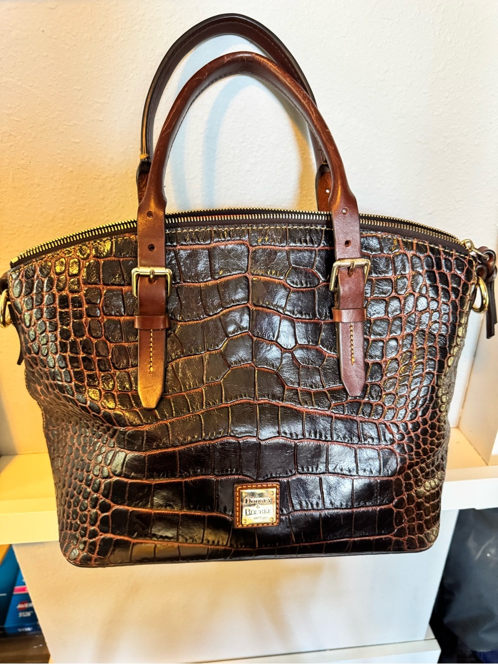 Dooney & Bourke Brown Croc-Embossed Leather Tote with Tan Handles
